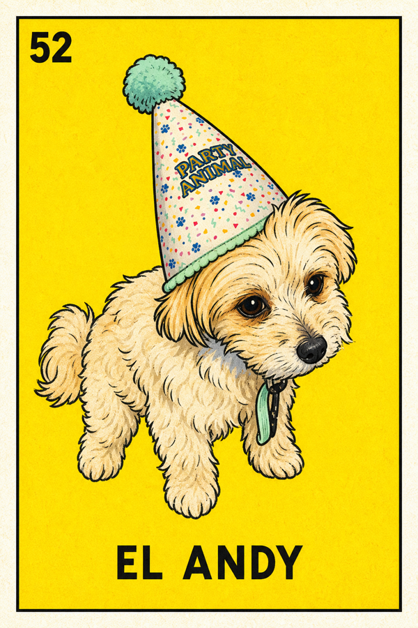 El Andy — puppy with party hat Lotería card