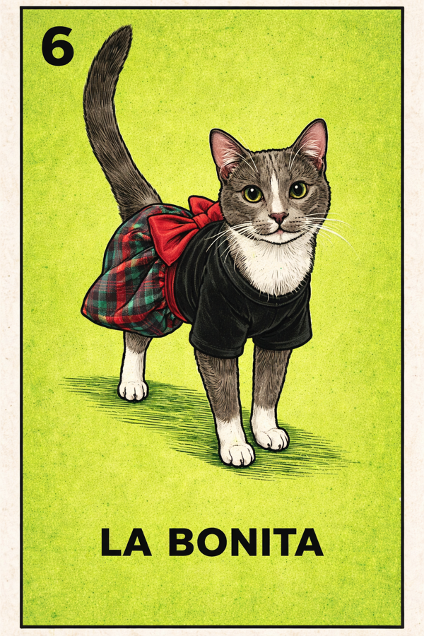 La Bonita — cat in a plaid dress Lotería card