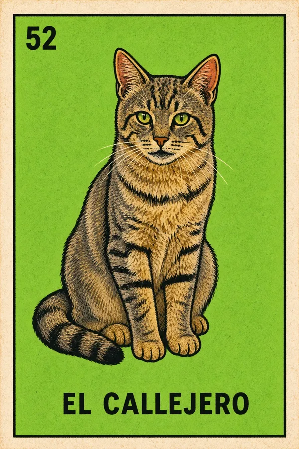 El Callejero — the finished Lotería-style card made from the tabby cat