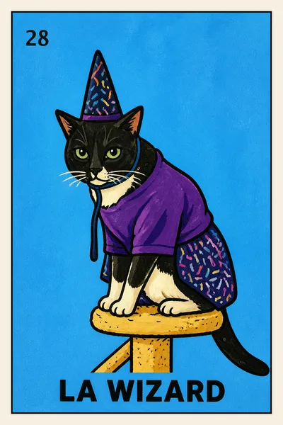 La Wizard — black-and-white cat in a wizard hat Lotería card